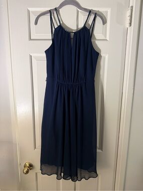 David's Bridal Navy Double-Strap Chiffon Midi Dress with Pleated Bodice
